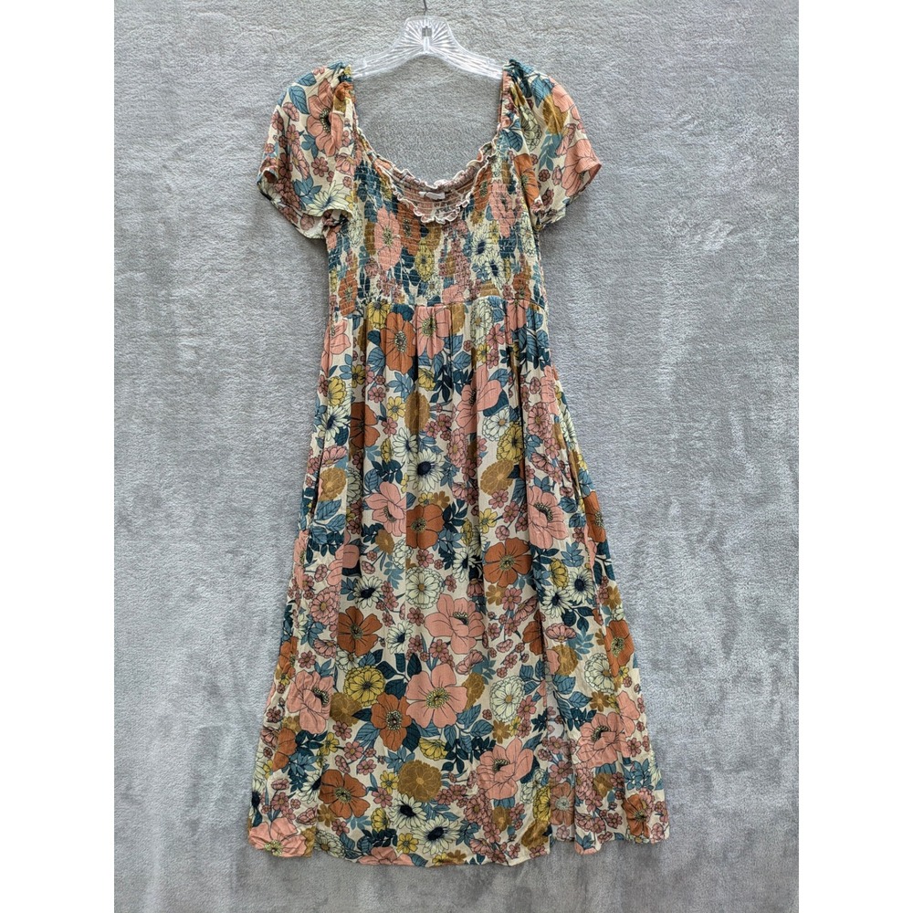 ONeill Smocked Floral Midi Dress Women XXL Ruffle Viscose MultiColor Bohemian